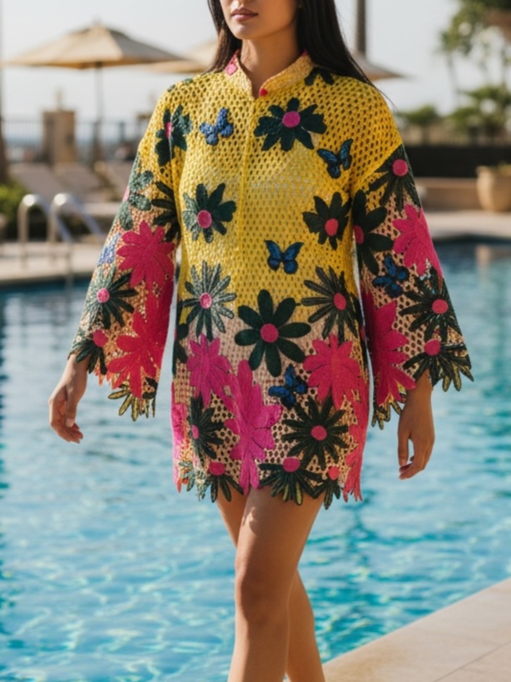 Meghan Fabulous Embroidered Floral Mesh Tunic Coverup M NWOT Rare